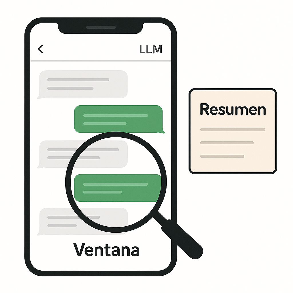 Chat tipo WhatsApp con globos de texto; una lupa sobre los últimos mensajes (ventana) y una caja de notas aparte (resumen)