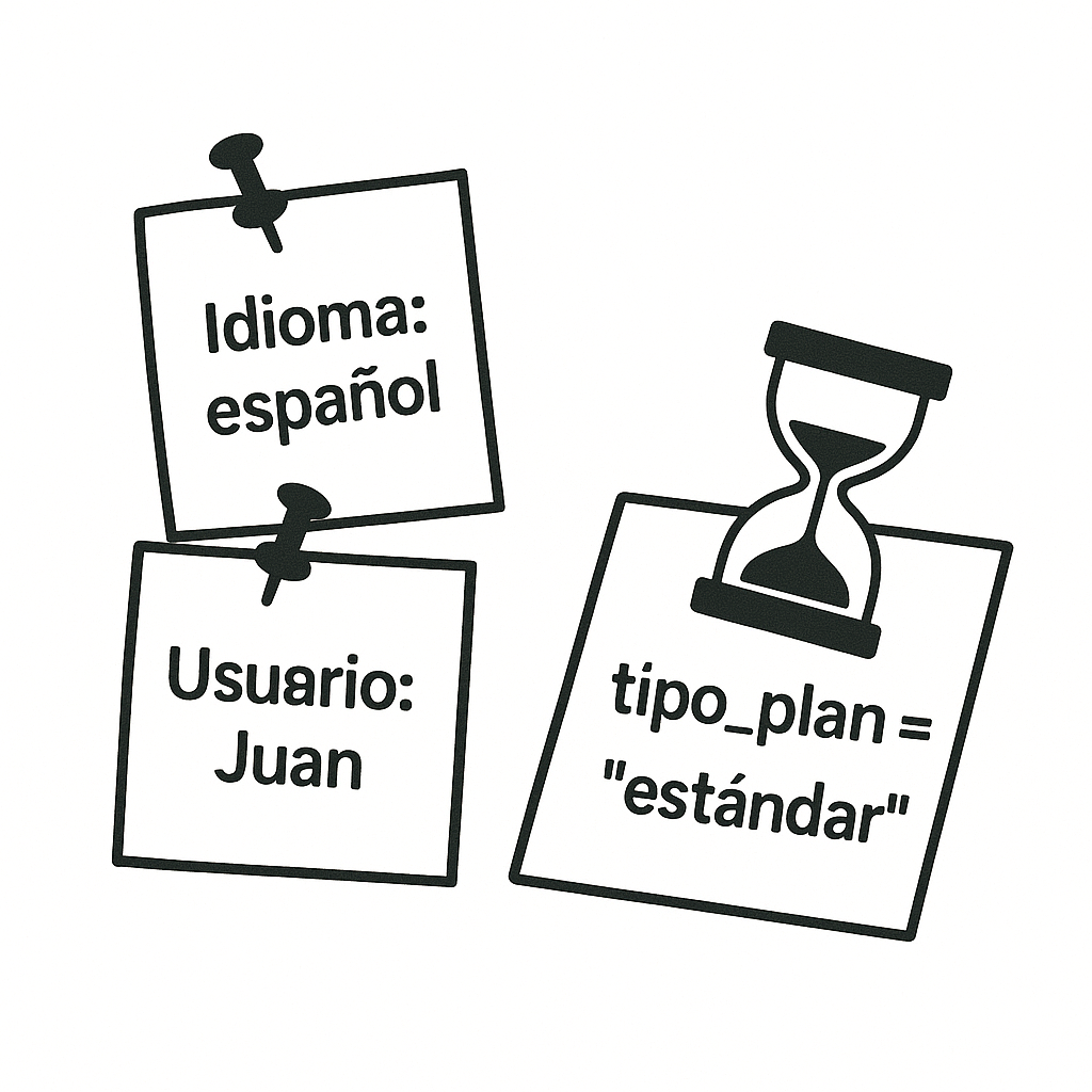 Post-it en una pizarra con &ldquo;Idioma: español&rdquo;, &ldquo;Usuario: Juan&rdquo;; reloj de arena sobre un dato para representar el TTL